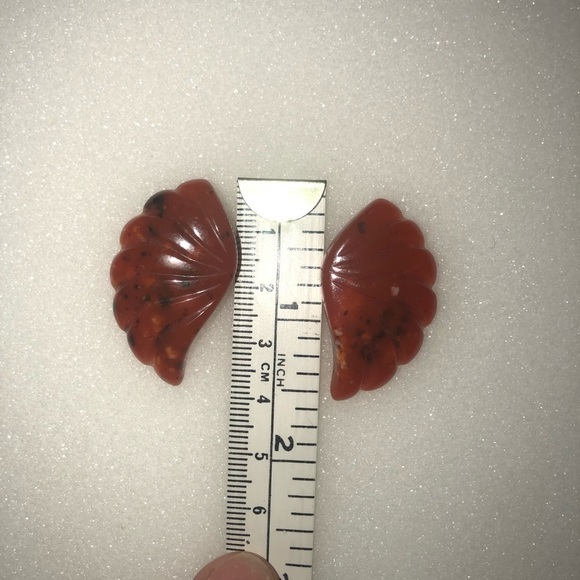 VTG Carved Carnelian Style Bakelite Fan Stud Earrings 2” - Picture 6 of 6